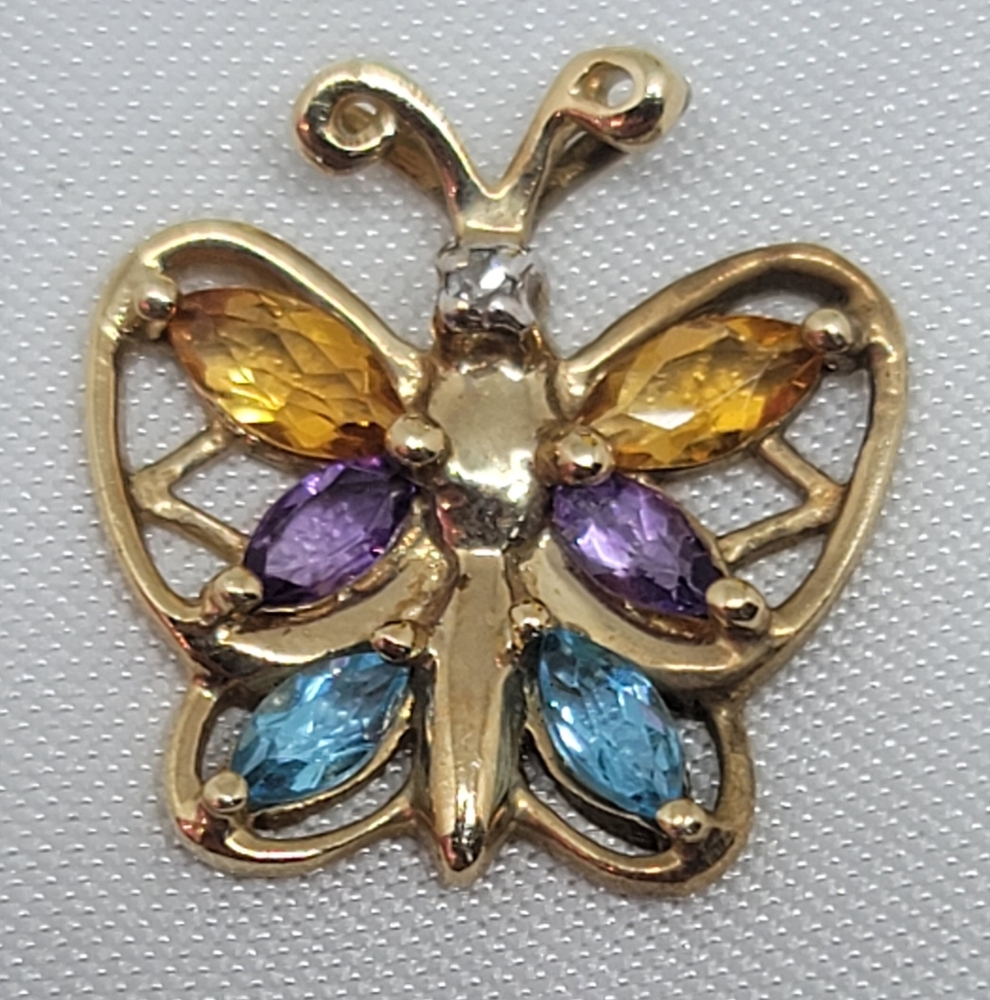 10K Yellow Gold Citrine Amethyst Topaz Diamond Butterfly Pendant
